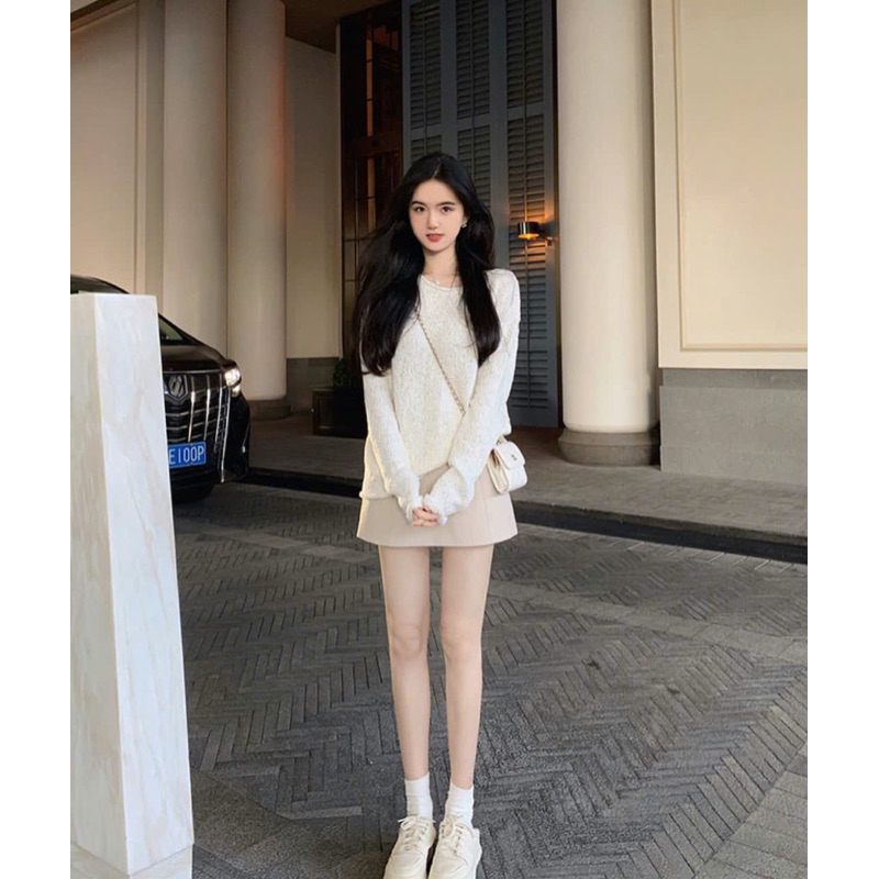 SET CHÂN VÁY NUDE ÁO LEN KEM