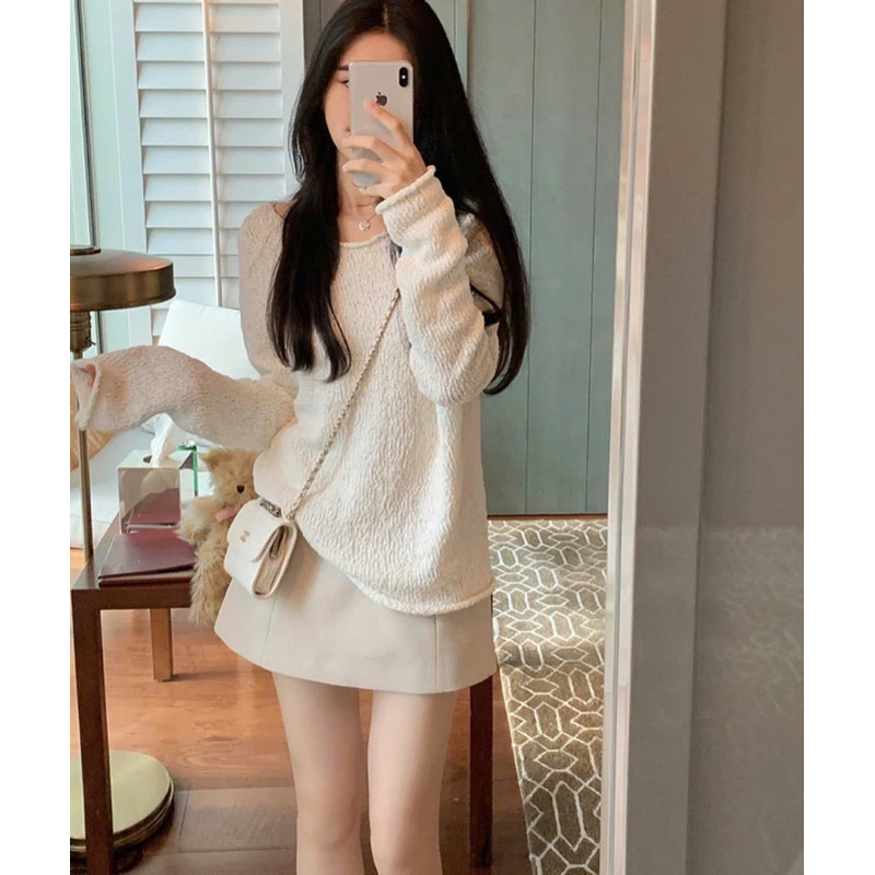 SET CHÂN VÁY NUDE ÁO LEN KEM