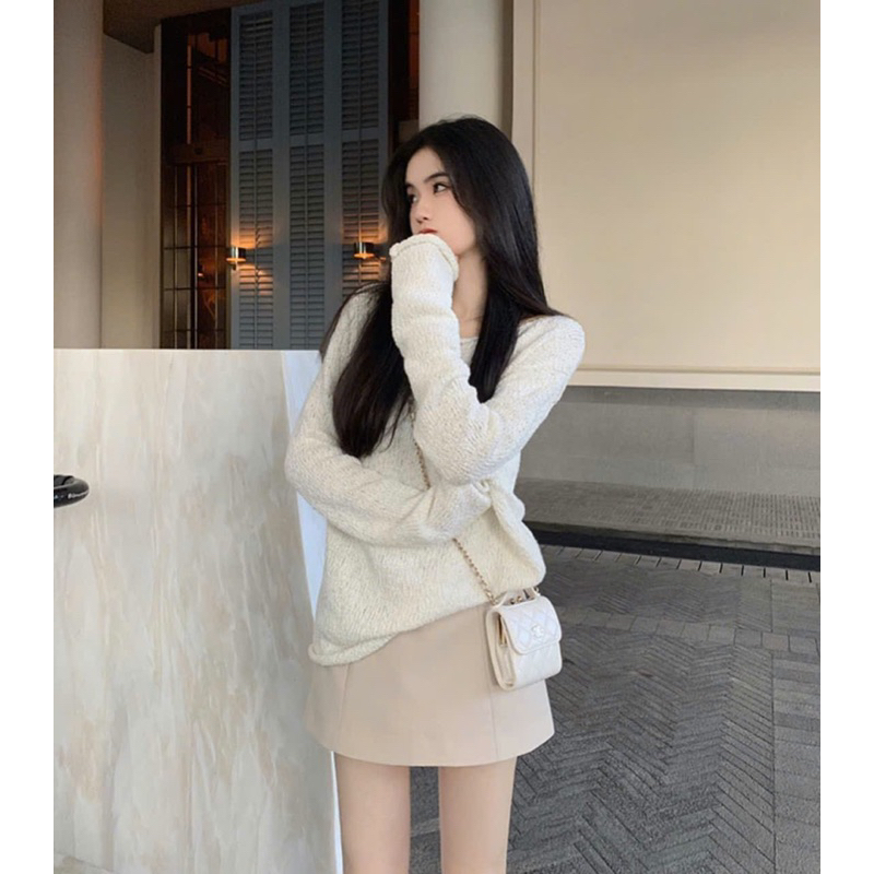 SET CHÂN VÁY NUDE ÁO LEN KEM