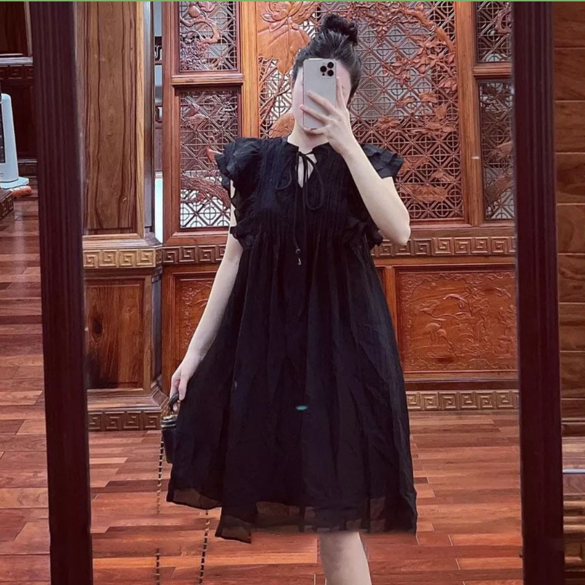 Đầm babydoll cột nơ tay cánh tiên đũi tơ hai lớp cao cấp, Váy Babydoll Tơ Đũi Nhăn Tay Bèo Cánh Tiên Cột Nơ Trước, đầm b
