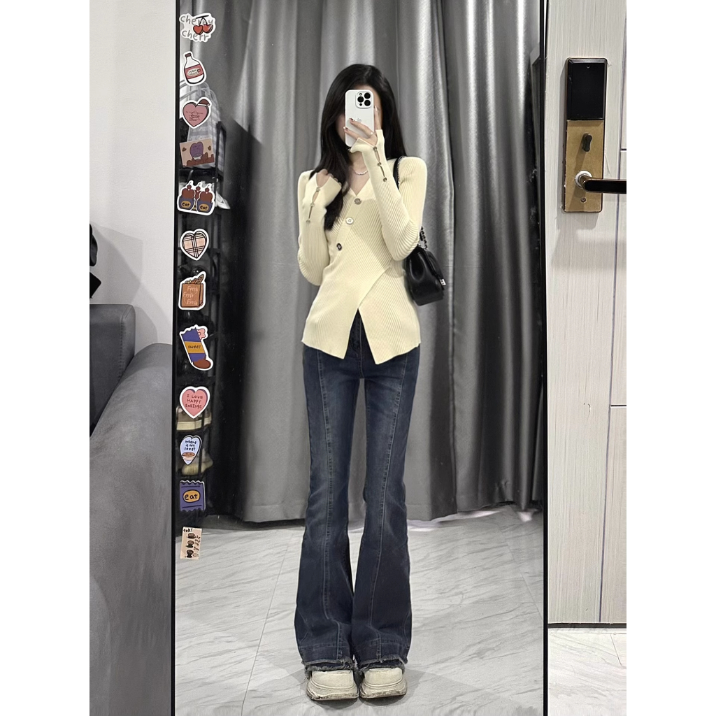 Áo len dệt kim cổ V đính khuy dài tay vạt chéo tôn dáng hơi ôm dáng suông ulzzang màu trơn basic dễ phối thu đông