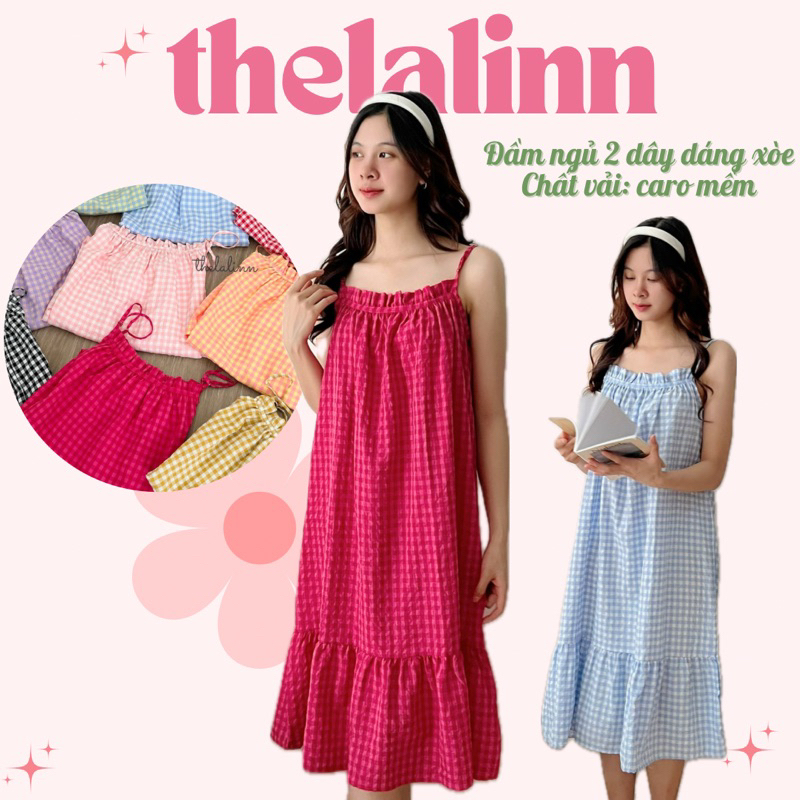 Đầm ngủ 2 dây fen chất caro thô mềm màu pastel xinh xắn. Đầm ngủ nữ kẻ caro dáng rộng