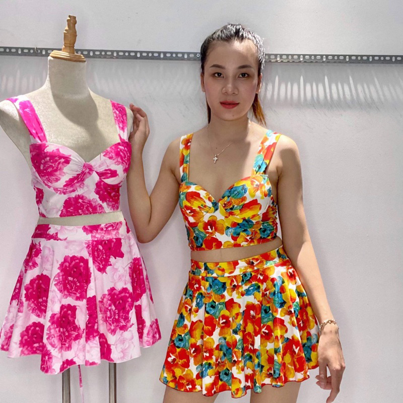 Bikini đi biển nữ bikini 2 mảnh kín đáo áo nâng ngực váy xòe lưng cao che bụng có quần đùi bên trong Xuka