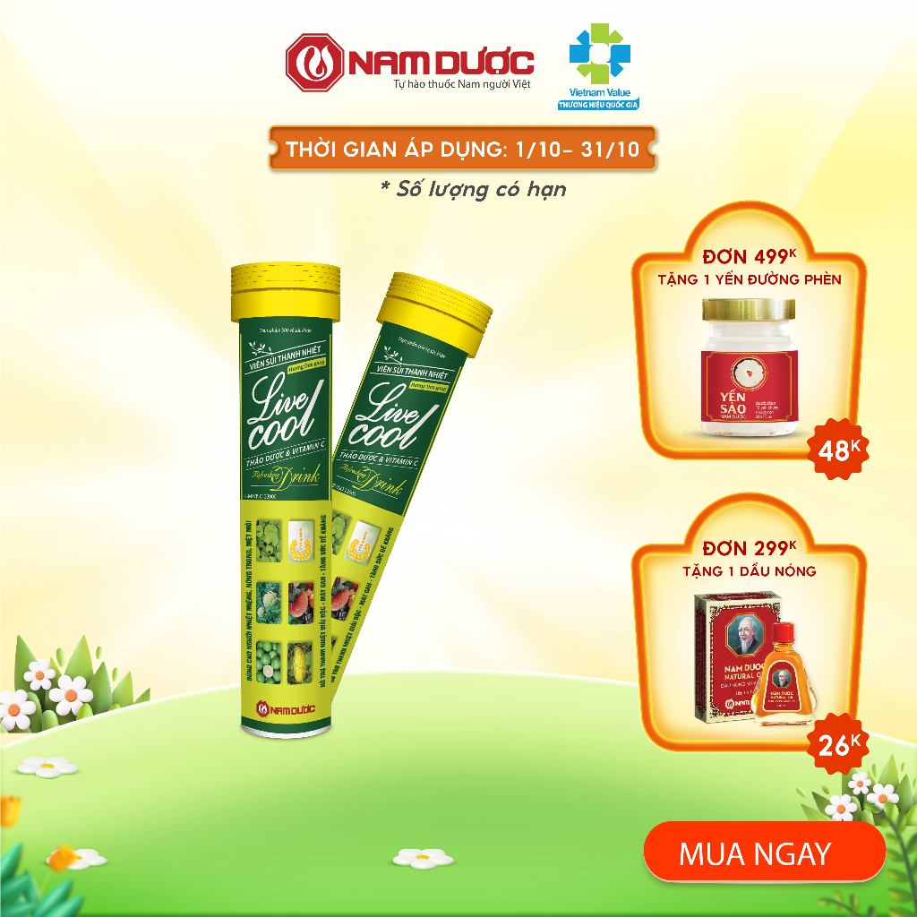 Viên sủi thanh nhiệt Livecool Nam Dược hương dưa gang 16 viên x4g hỗ trợ giảm nhiệt miệng nóng trong, giải độc, mát gan