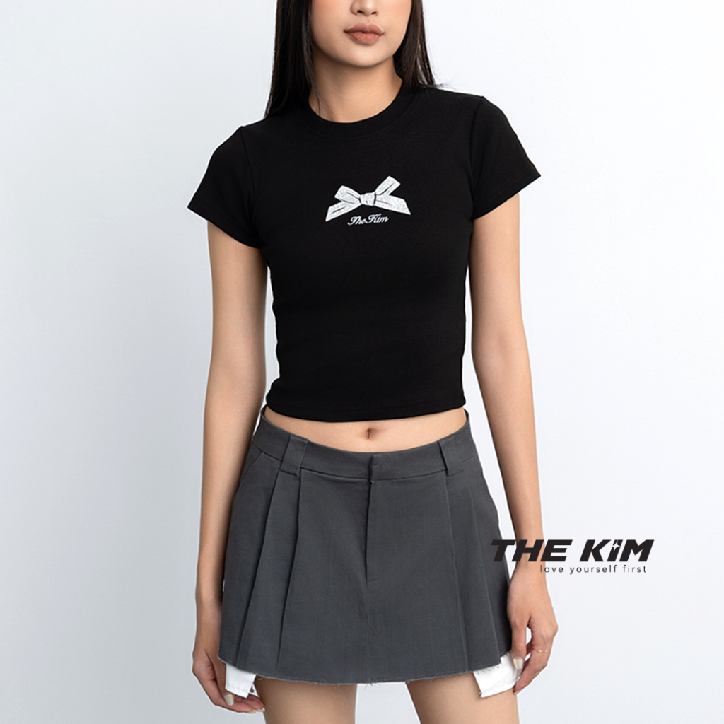 Áo thun ngắn tay croptop in nơ nhũ bạc lấp lánh The Kim, áo thun baby tee form ôm A222