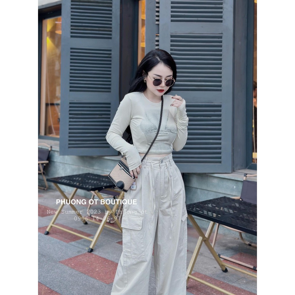 Set Bộ 2 Món: Áo Thun Trắng Croptop Dài Tay Họa Tiết Hình Siêu Hot + Quần Suông Túi Hộp Cá Tính, Xinh Xắn