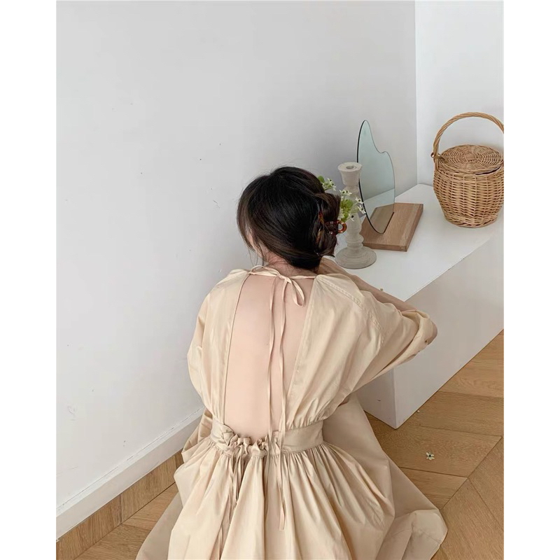 Đầm đi biển, đầm hở lưng tay phồng (Be) - Mattgirls