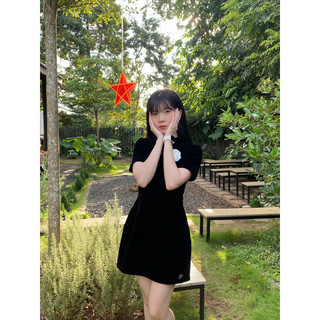 Đầm Nhung Cổ Trụ Kèm Tag Hoa (ẢNH THẬT)