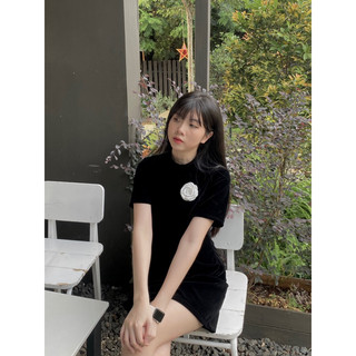 Đầm Nhung Cổ Trụ Kèm Tag Hoa (ẢNH THẬT)