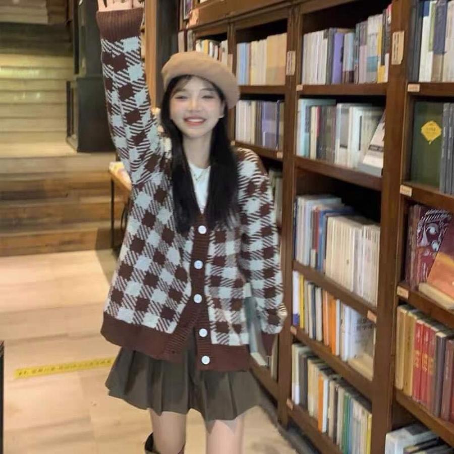 Áo khoác cardigan len caro nữ nâu bigsize form rộng nỉ bông kiểu hàn quốc LAVAMO KD013