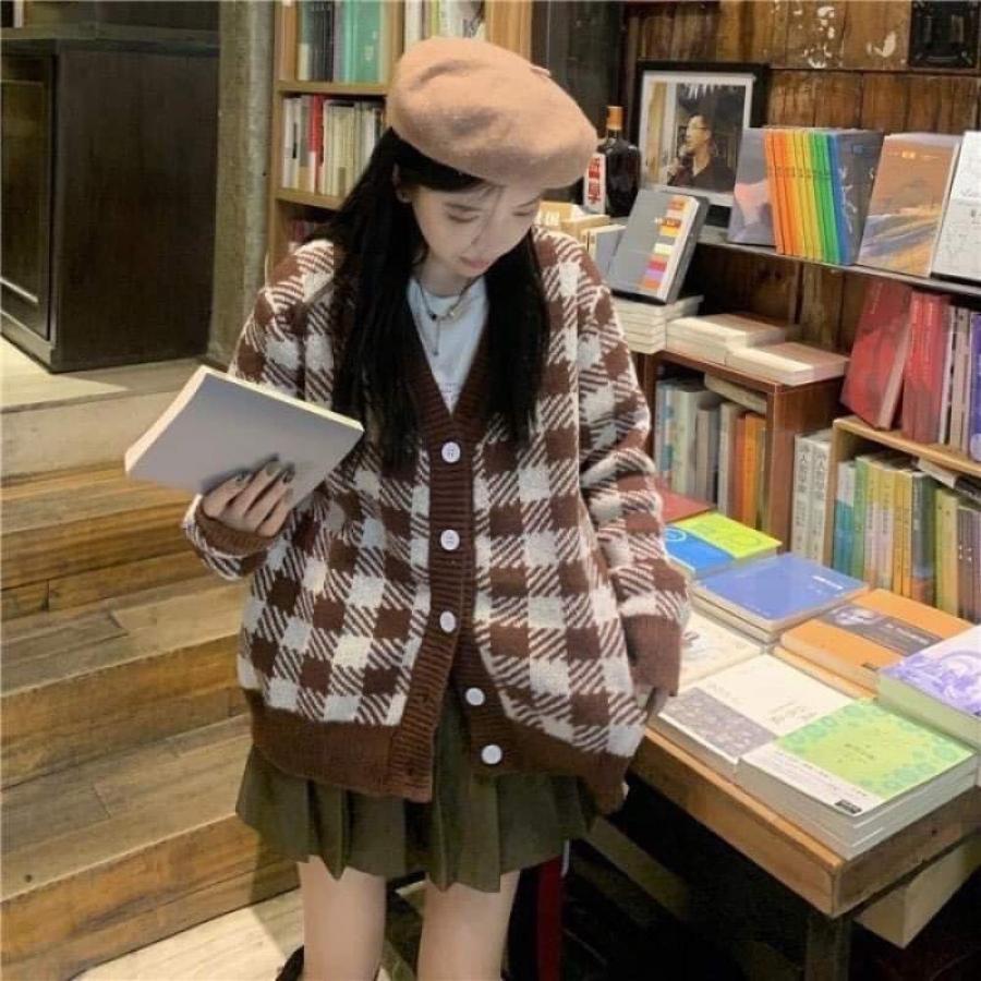Áo khoác cardigan len caro nữ nâu bigsize form rộng nỉ bông kiểu hàn quốc LAVAMO KD013
