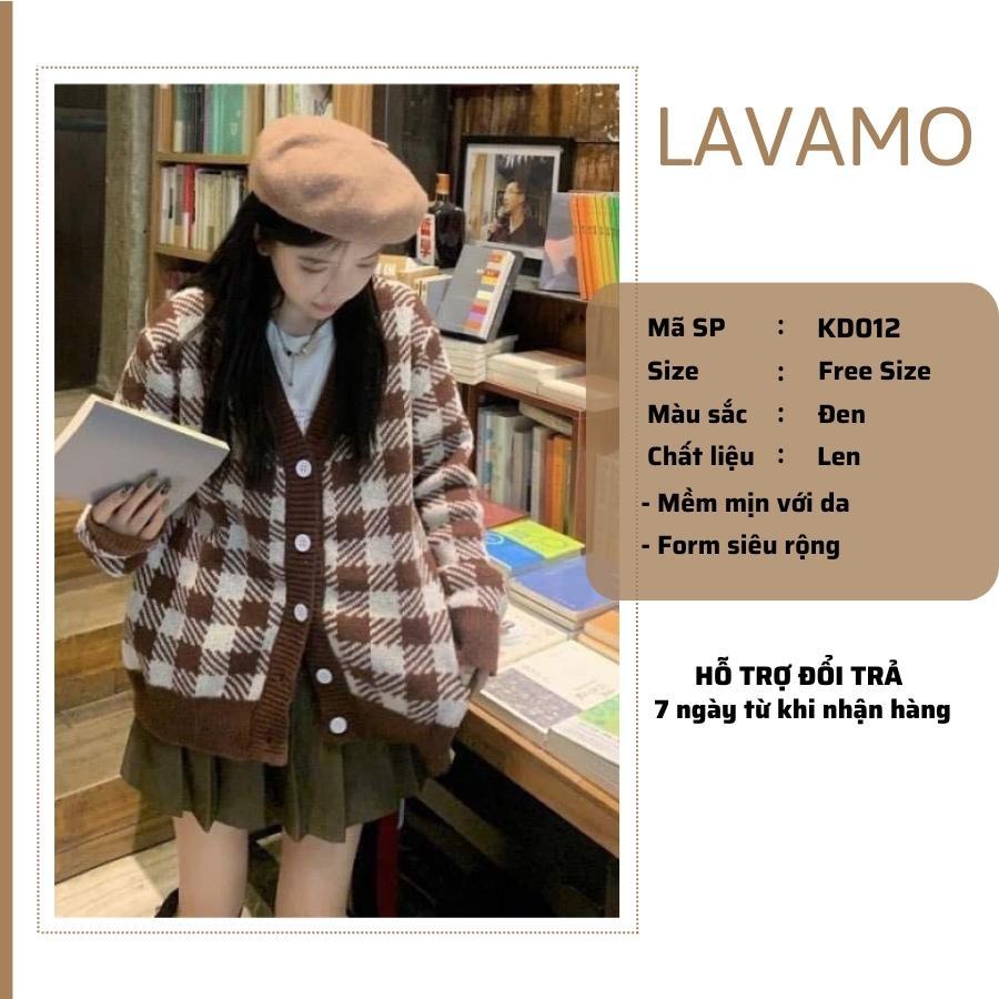 Áo khoác cardigan len caro nữ nâu bigsize form rộng nỉ bông kiểu hàn quốc LAVAMO KD013