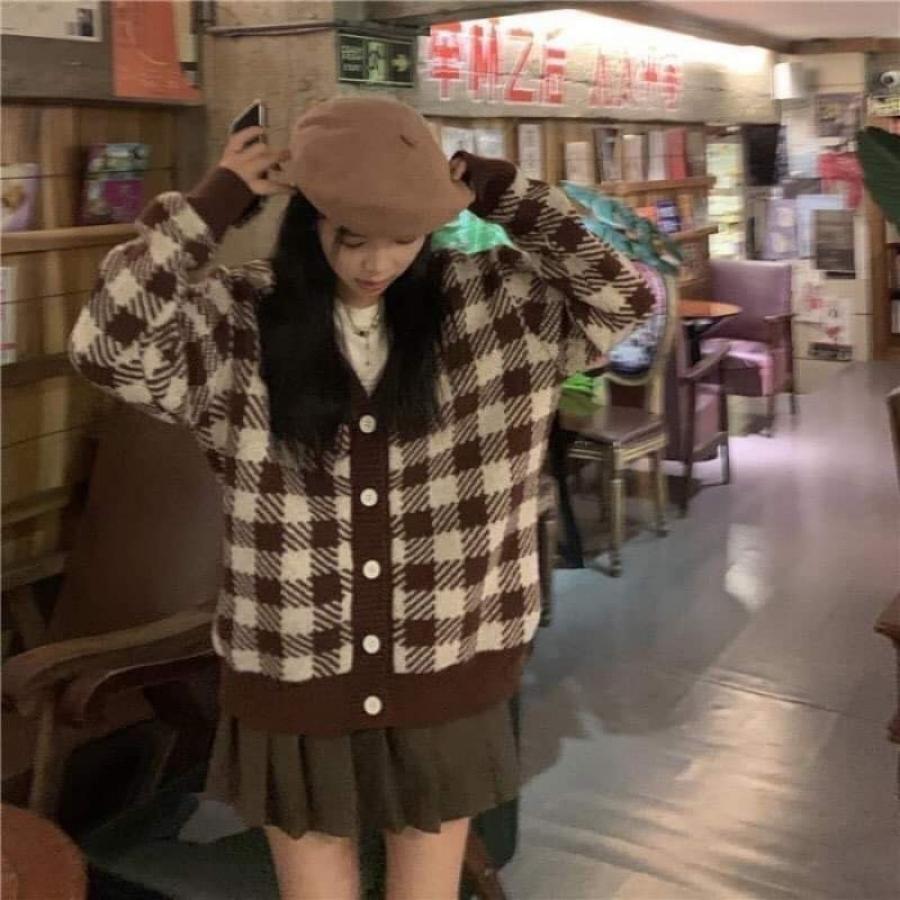 Áo khoác cardigan len caro nữ nâu bigsize form rộng nỉ bông kiểu hàn quốc LAVAMO KD013