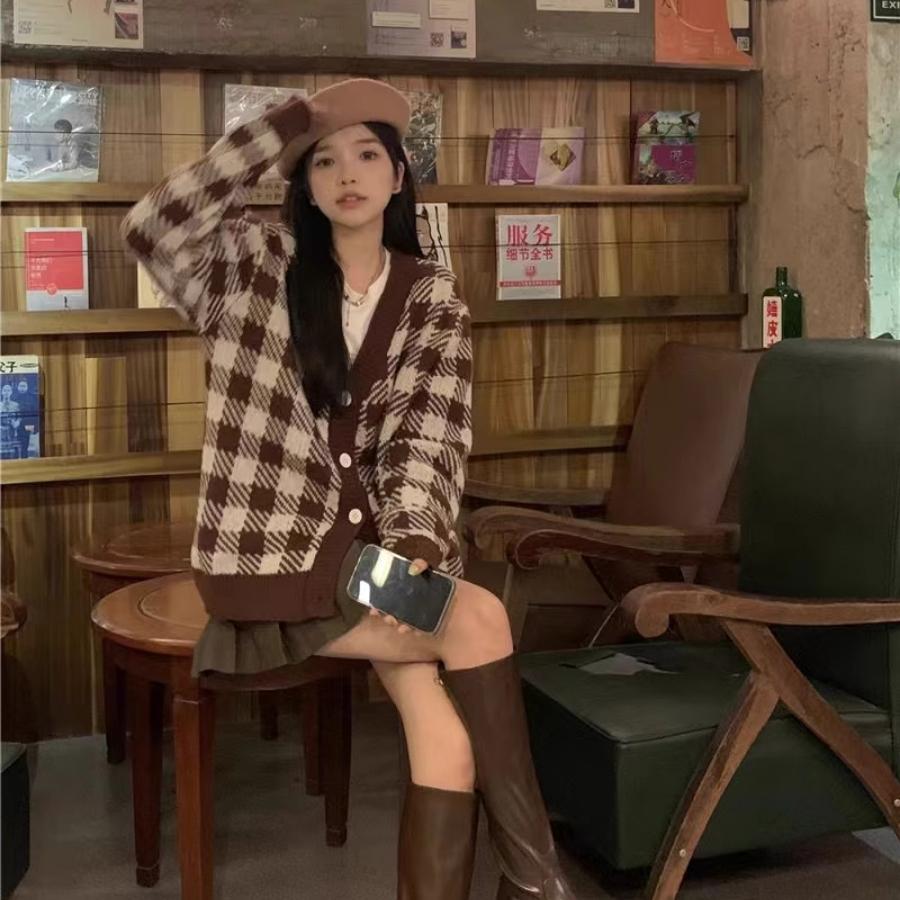 Áo khoác cardigan len caro nữ nâu bigsize form rộng nỉ bông kiểu hàn quốc LAVAMO KD013