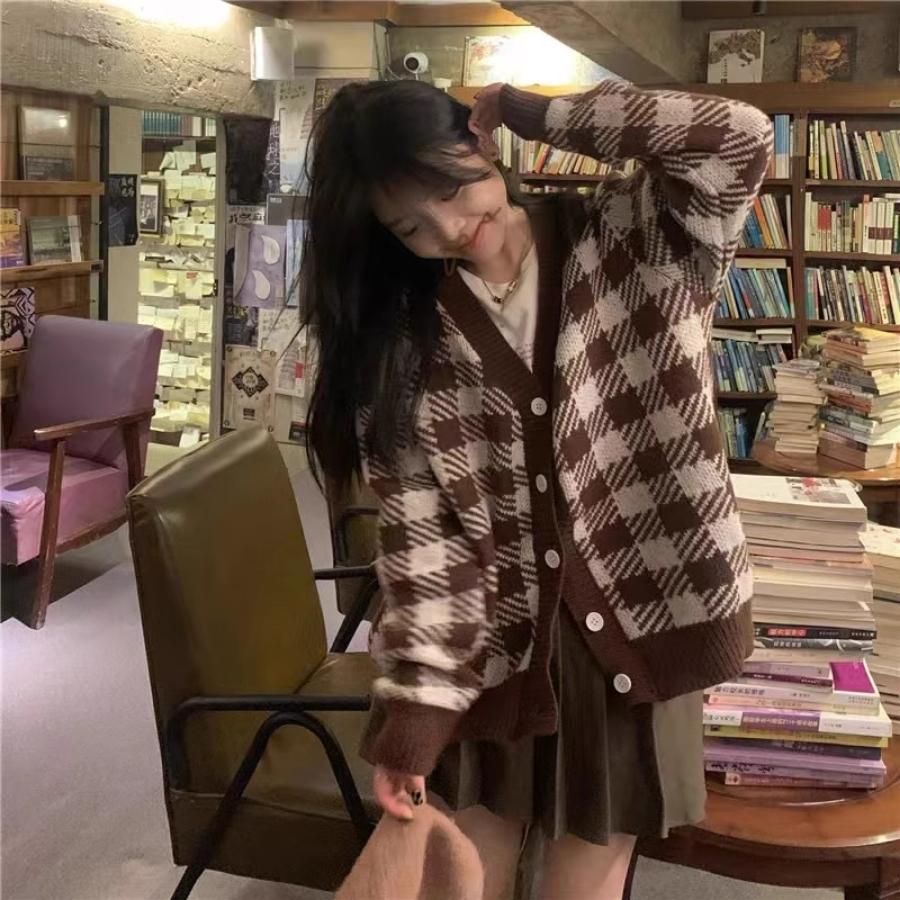 Áo khoác cardigan len caro nữ nâu bigsize form rộng nỉ bông kiểu hàn quốc LAVAMO KD013