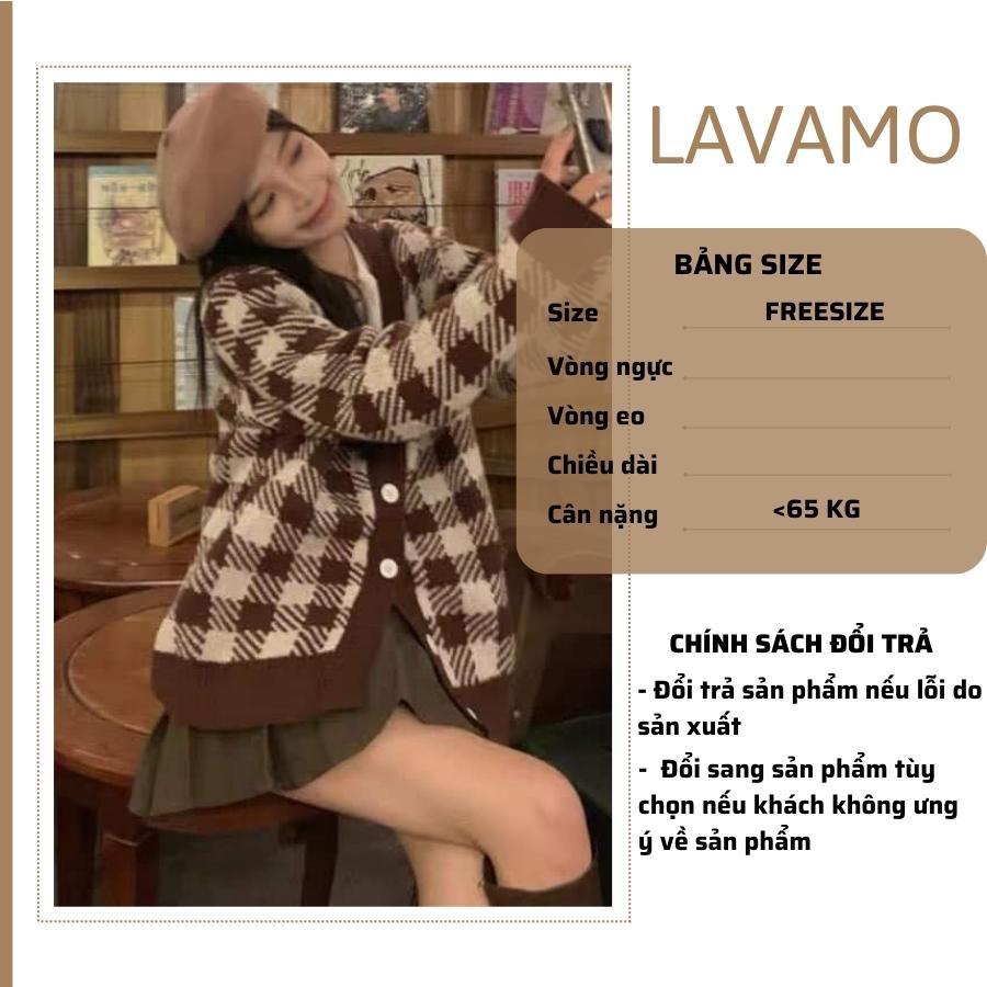 Áo khoác cardigan len caro nữ nâu bigsize form rộng nỉ bông kiểu hàn quốc LAVAMO KD013
