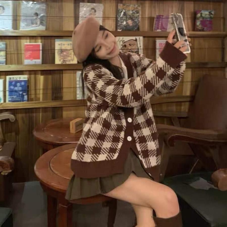 Áo khoác cardigan len caro nữ nâu bigsize form rộng nỉ bông kiểu hàn quốc LAVAMO KD013