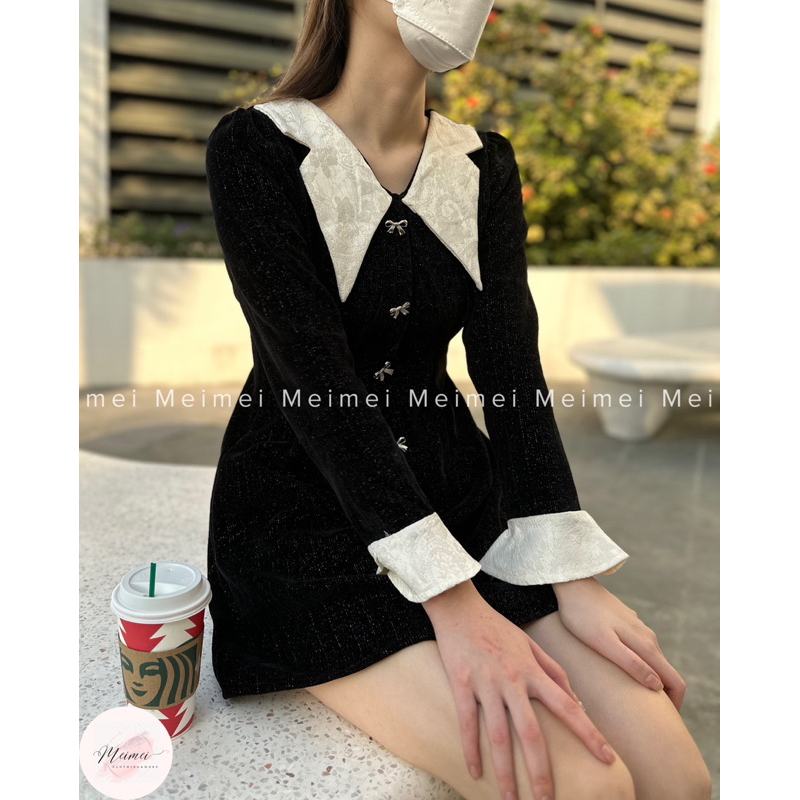 Váy nhung tăm cổ nơ