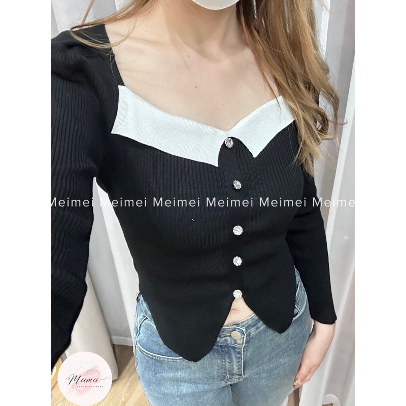 Áo len cổ vuông phối màu