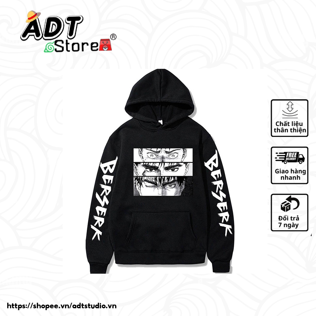 Mẫu Áo Hoodie Nam Dáng Rộng Họa Tiết Manga Berserk Guts 2 màu đen trắng