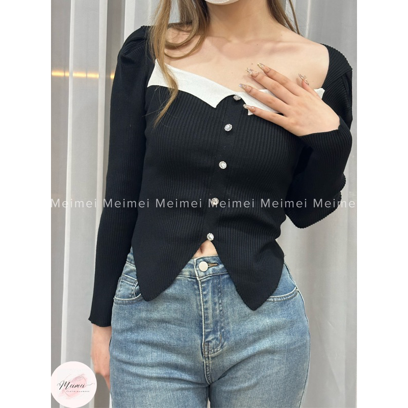 Áo len cổ vuông phối màu