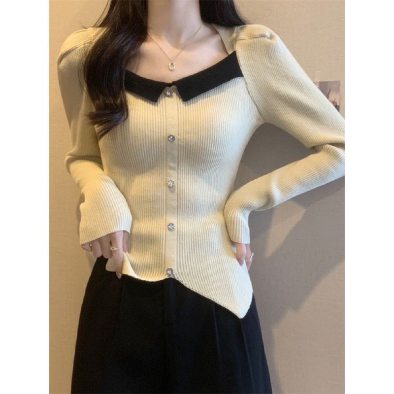 Áo len cổ vuông phối màu