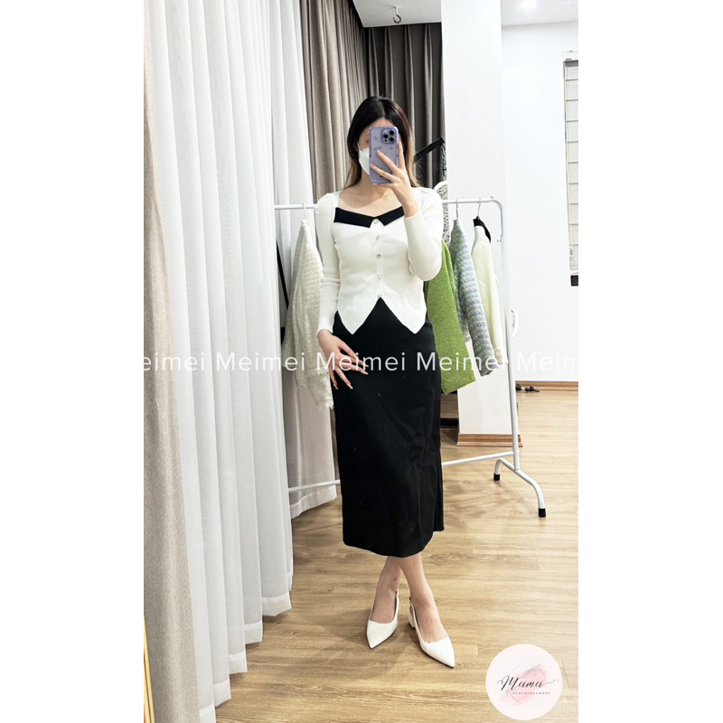 Áo len cổ vuông phối màu