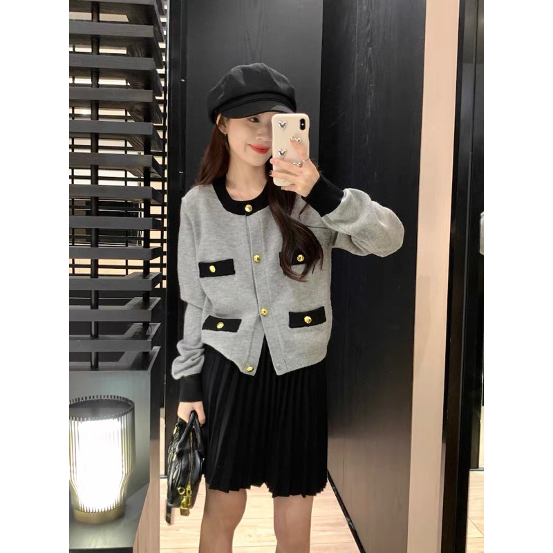 Áo khoác len mềm cổ tròn 4 túi giả basic dễ phối đồ