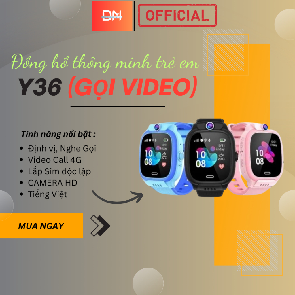 (GỌI VIDEO) Đồng Hồ Định vị Trẻ Em Cao Cấp Y36 (bản 2023), Nghe Gọi Video 4G, Định Vị, chống nước IP67, sử dụng Tiếng Vi