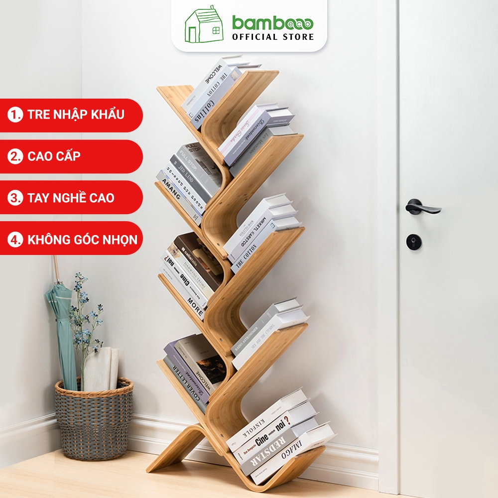 Kệ sách hình cây BAMBOOO ECO, giá đựng sách bằng tre nhiều kích thước, tiết kiệm không gian, sử dụng cho phòng làm việc