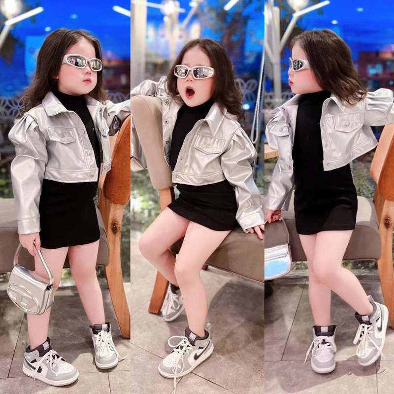 Váy bé gái, set váy body tăm kèm áo da dáng ngắn sành điệu cho bé 10-30kg