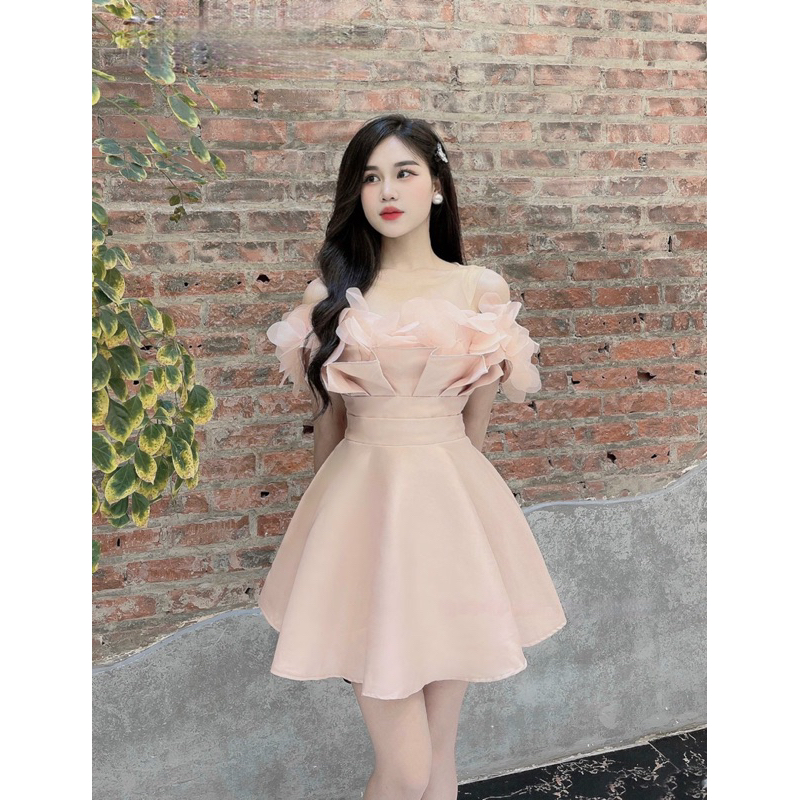 Đầm tiểu thư trễ vai, váy tafta xếp ly ngực đính hoa dáng ngắn có lót dày dặn