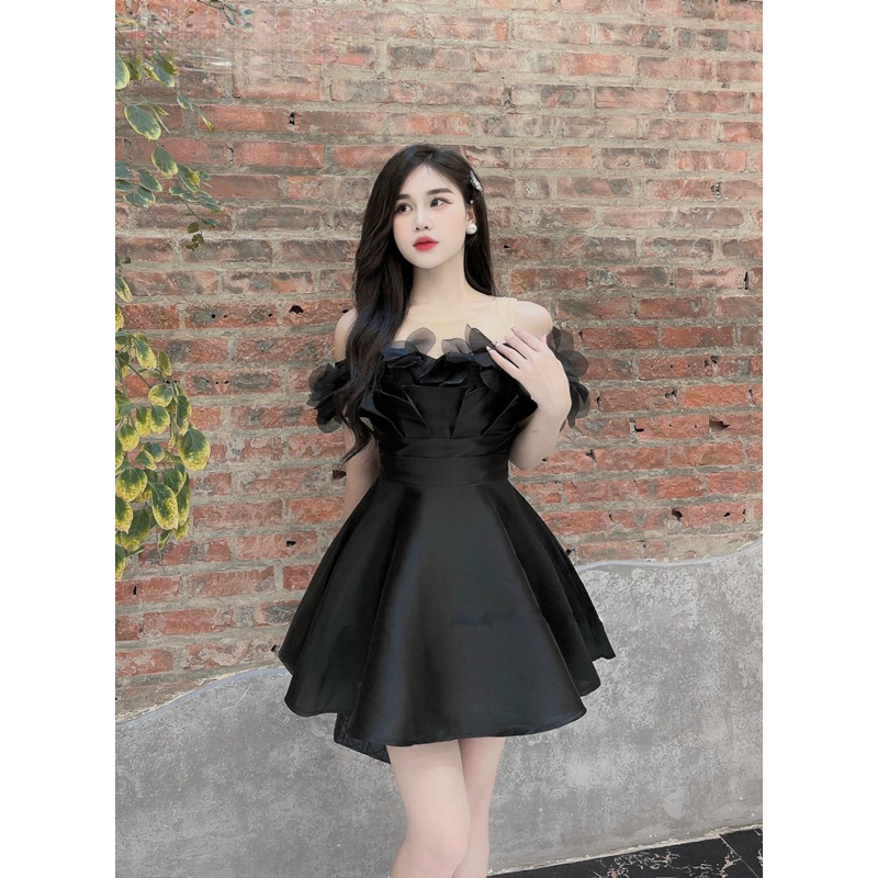 Đầm tiểu thư trễ vai, váy tafta xếp ly ngực đính hoa dáng ngắn có lót dày dặn