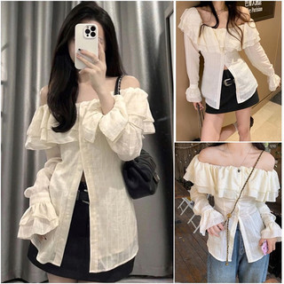 Áo bẹt vai tầng công chúa phối nút chất voan xốp xinh lắm lun td2004