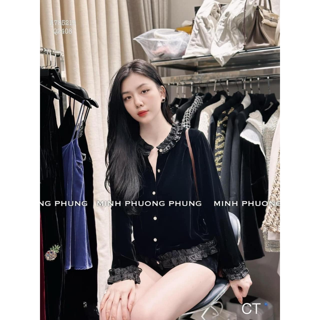 Sét nhung áo viền bèo cúc ngọc dài tay + quần sooc cạp chun