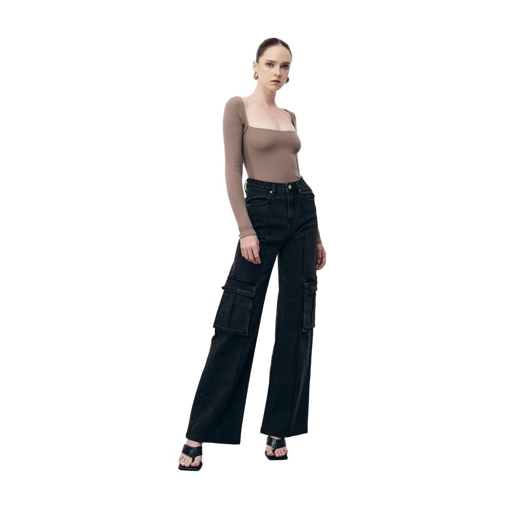 Quần jeans nữ hoạ tiết túi hộp - là min - DARK GREY CARGO JEANS