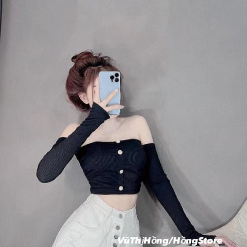 Áo trễ vai crotop dài tay có mut ngực dây áo trong