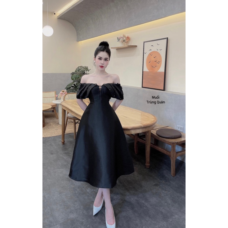 ĐẦM TAFTA TRỄ VAI ĐÍNH HOA THỦ CÔNG  cực kì sang chảnh