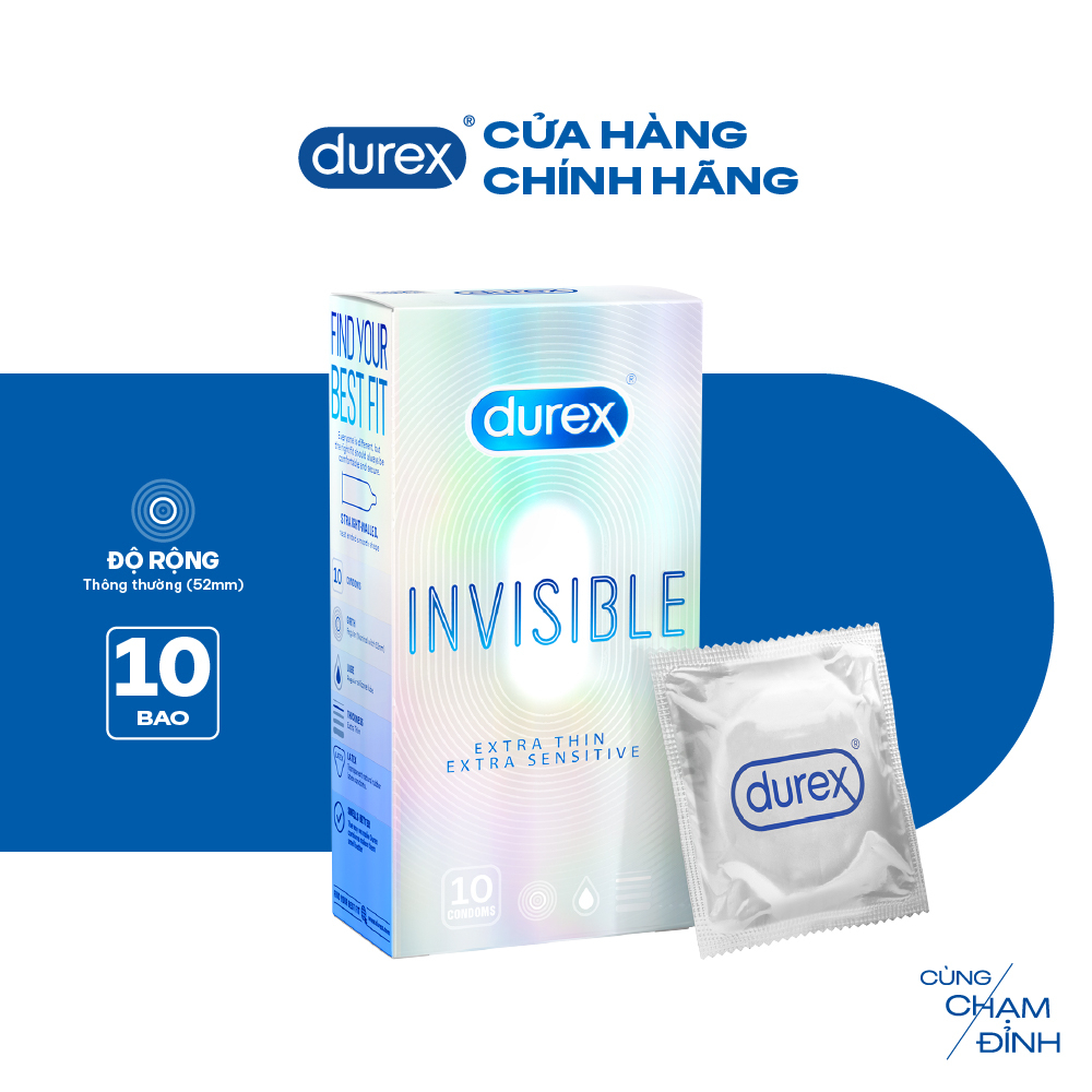 Bao cao su Durex Invisible siêu mỏng, size 52mm, hộp 10 bao