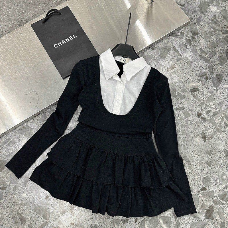 Sét Áo Phối Sơ Mi Nữ Dài Tay Kèm Chân Váy Tầng Size S M-Halinh Shop-Sét Váy Áo Phối Sơ Mi Mix Chân Váy Tầng Có Lót Trong