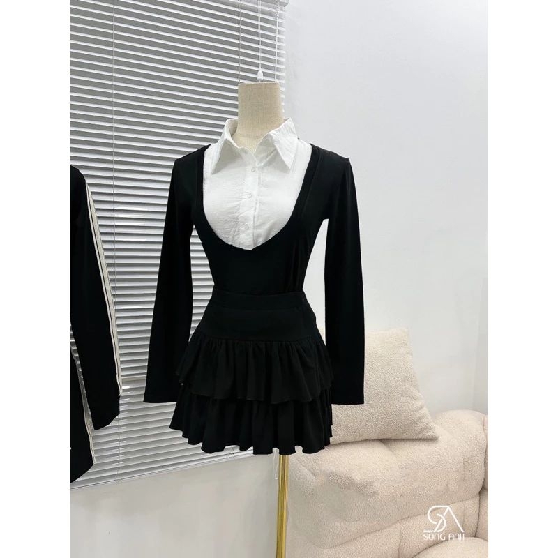 Sét Áo Phối Sơ Mi Nữ Dài Tay Kèm Chân Váy Tầng Size S M-Halinh Shop-Sét Váy Áo Phối Sơ Mi Mix Chân Váy Tầng Có Lót Trong