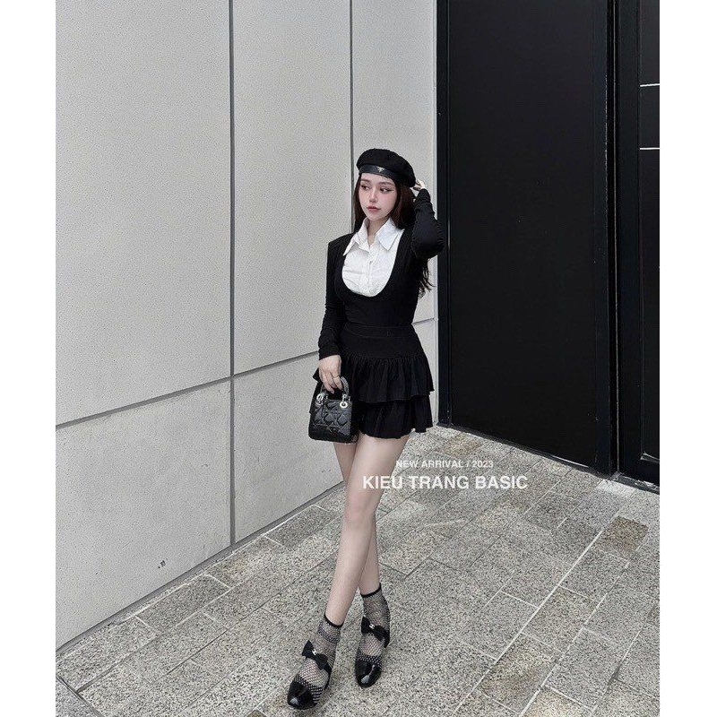 Sét Áo Phối Sơ Mi Nữ Dài Tay Kèm Chân Váy Tầng Size S M-Halinh Shop-Sét Váy Áo Phối Sơ Mi Mix Chân Váy Tầng Có Lót Trong