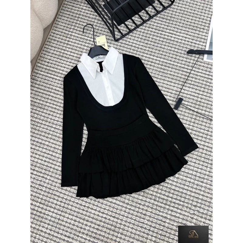 Sét Áo Phối Sơ Mi Nữ Dài Tay Kèm Chân Váy Tầng Size S M-Halinh Shop-Sét Váy Áo Phối Sơ Mi Mix Chân Váy Tầng Có Lót Trong