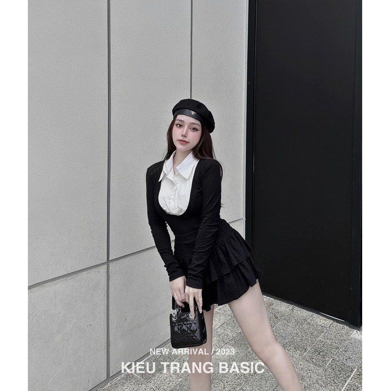 Sét Áo Phối Sơ Mi Nữ Dài Tay Kèm Chân Váy Tầng Size S M-Halinh Shop-Sét Váy Áo Phối Sơ Mi Mix Chân Váy Tầng Có Lót Trong