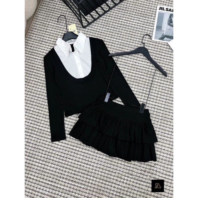Sét Áo Phối Sơ Mi Nữ Dài Tay Kèm Chân Váy Tầng Size S M-Halinh Shop-Sét Váy Áo Phối Sơ Mi Mix Chân Váy Tầng Có Lót Trong
