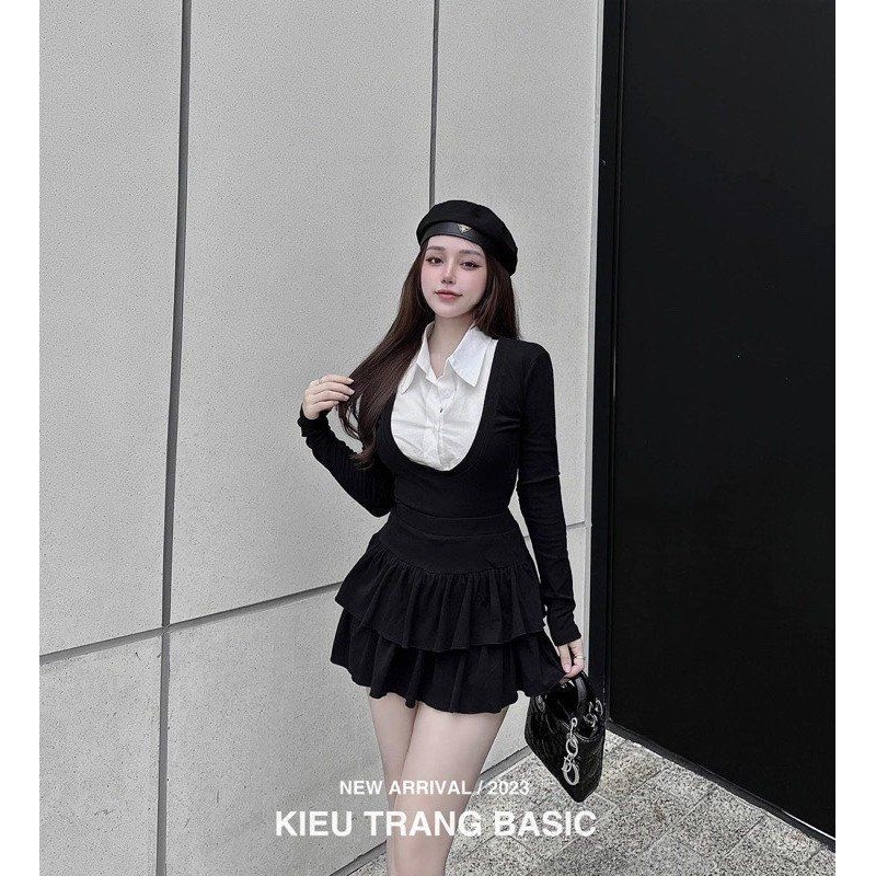 Sét Áo Phối Sơ Mi Nữ Dài Tay Kèm Chân Váy Tầng Size S M-Halinh Shop-Sét Váy Áo Phối Sơ Mi Mix Chân Váy Tầng Có Lót Trong