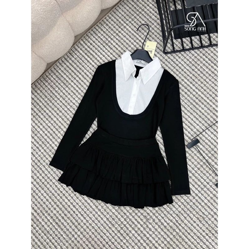 Sét Áo Phối Sơ Mi Nữ Dài Tay Kèm Chân Váy Tầng Size S M-Halinh Shop-Sét Váy Áo Phối Sơ Mi Mix Chân Váy Tầng Có Lót Trong