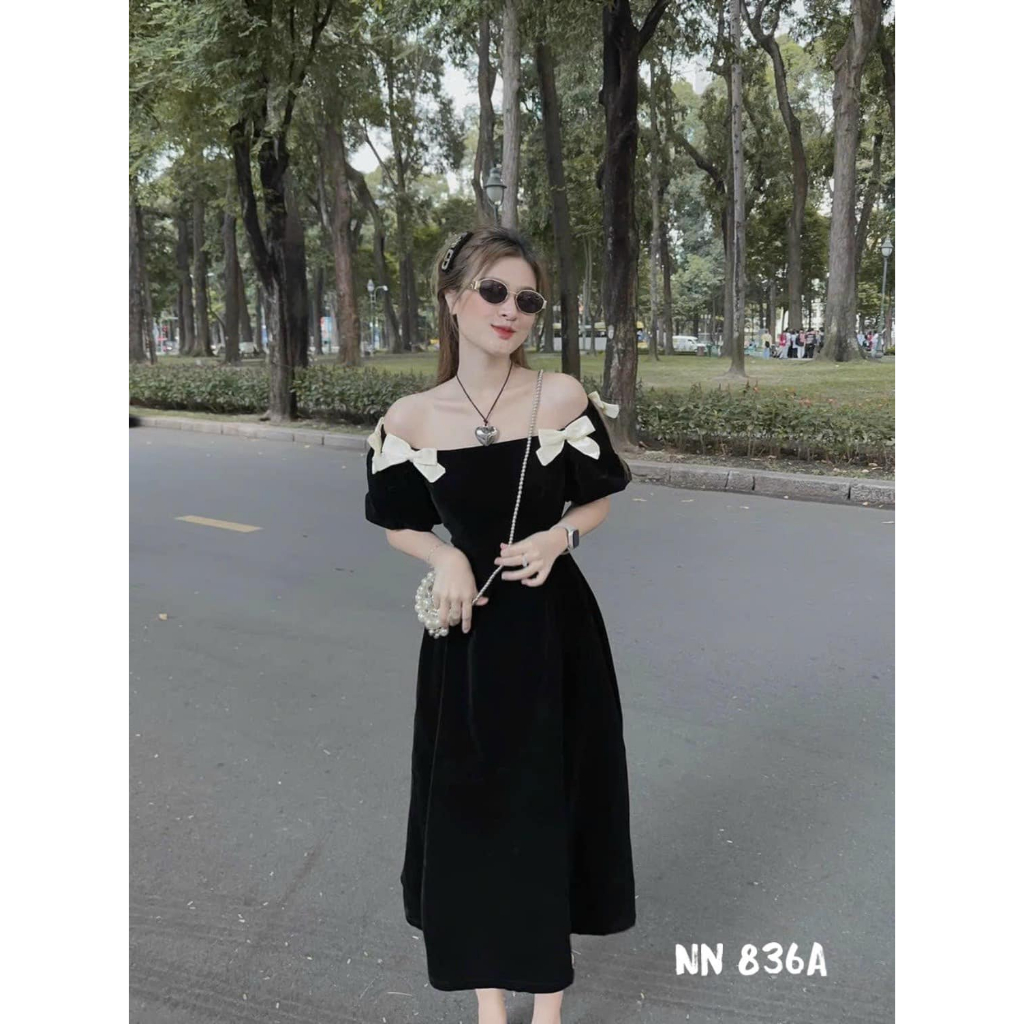 Váy nhung trễ vai đính nơ dáng dài 2 lớp khóa sau