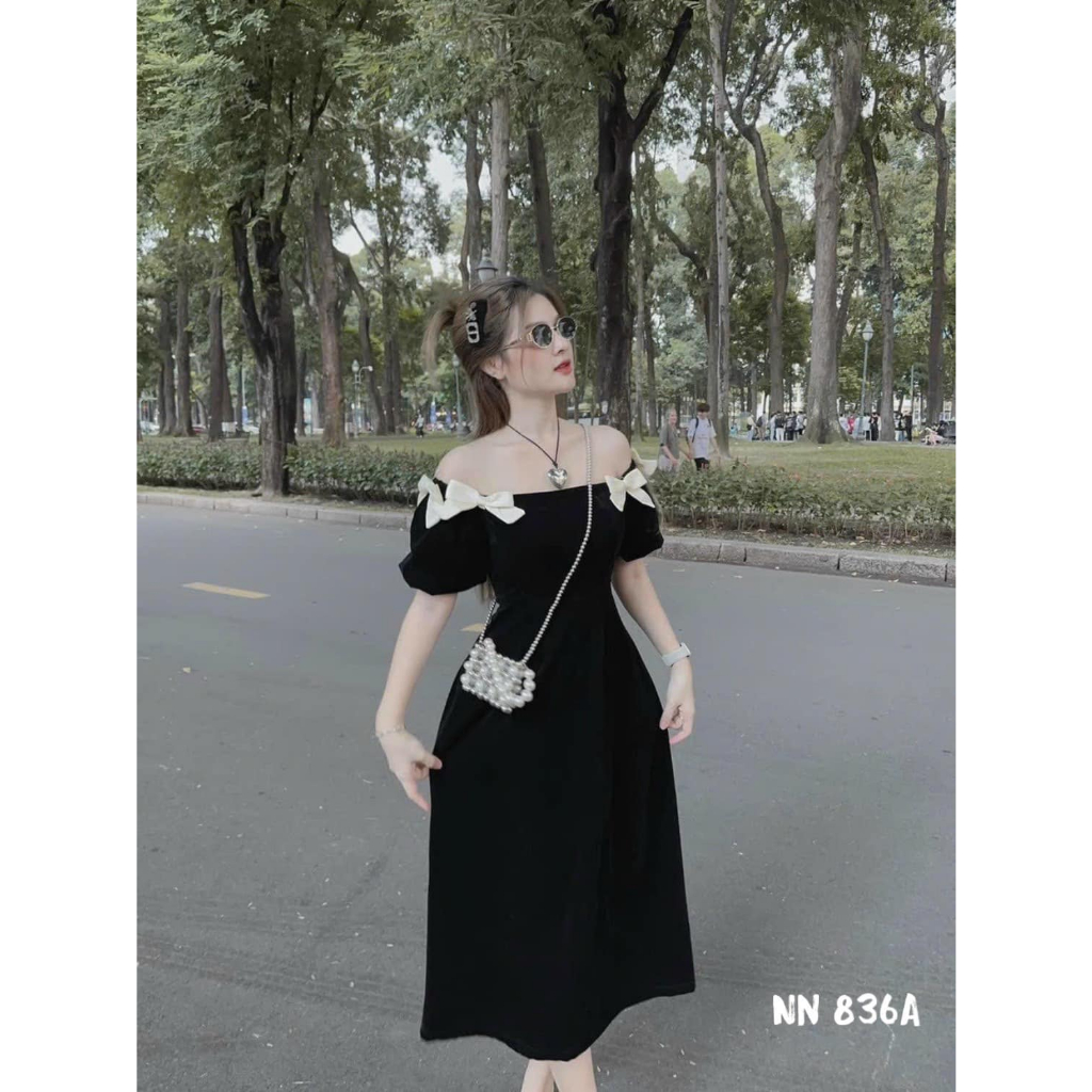 Váy nhung trễ vai đính nơ dáng dài 2 lớp khóa sau