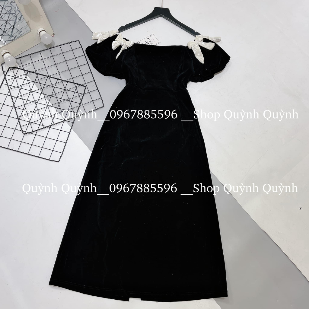 Váy nhung trễ vai đính nơ dáng dài 2 lớp khóa sau